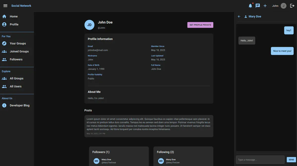Screenshot of Social Network project